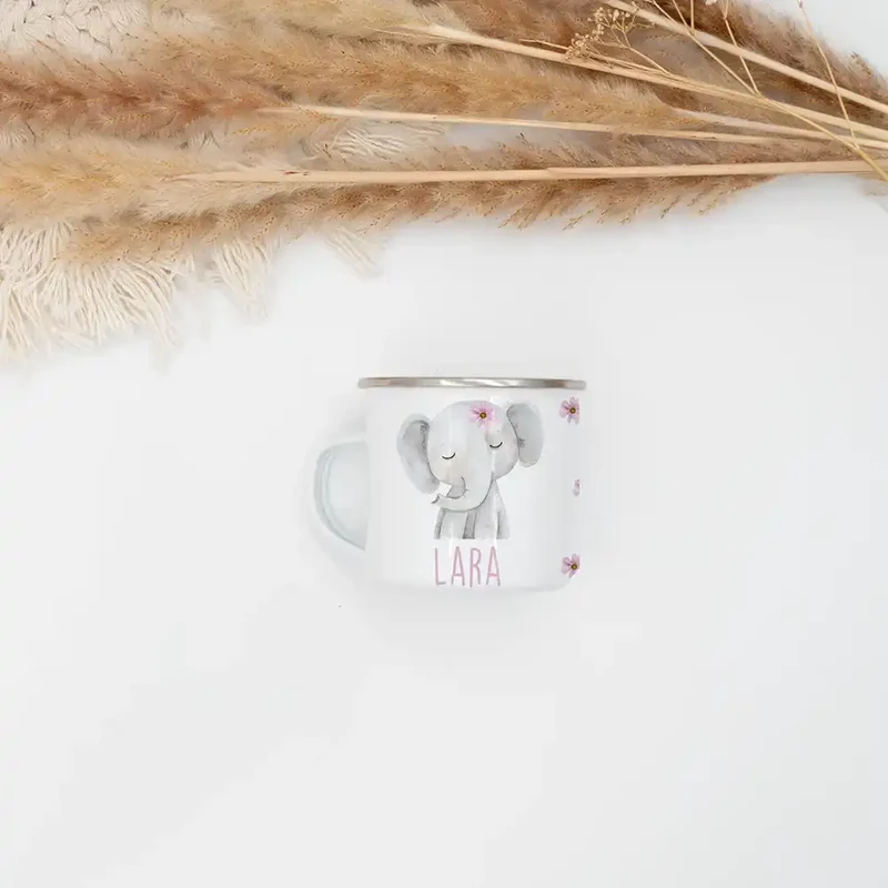 Emaille Tasse personalisiert - Elefant mit Blumen