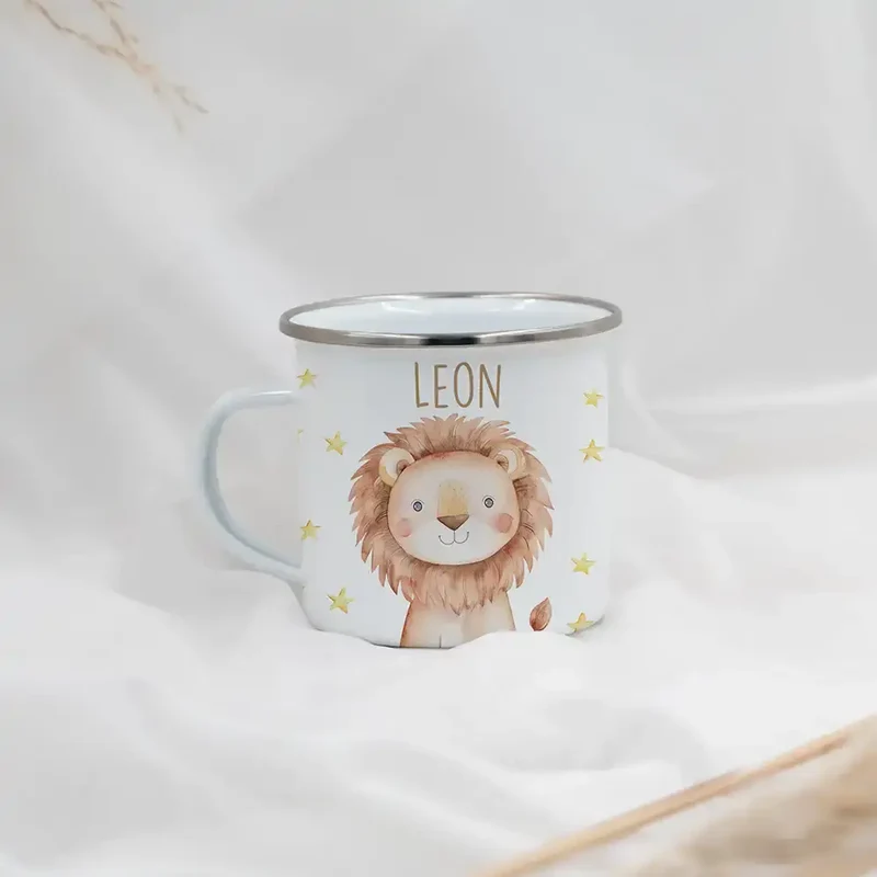 Emaille Tasse personalisiert - Löwe mit Sternen