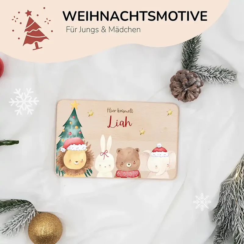 Frühstücksbrettchen Weihnachten mit weihnachtlichem Tiertrio - Geschenk Weihnachten
