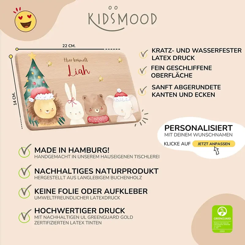 Frühstücksbrettchen Weihnachten mit weihnachtlichem Tiertrio - Geschenk Weihnachten