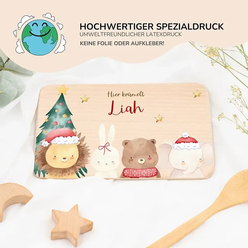 Frühstücksbrettchen Weihnachten mit weihnachtlichem Tiertrio - Geschenk Weihnachten