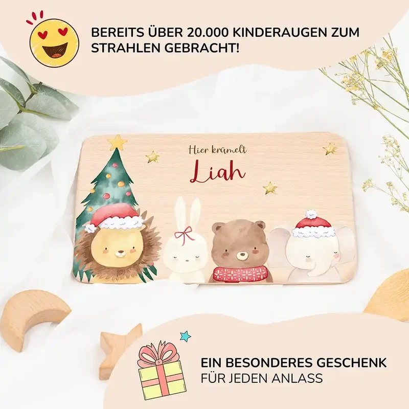 Frühstücksbrettchen Weihnachten mit weihnachtlichem Tiertrio - Geschenk Weihnachten