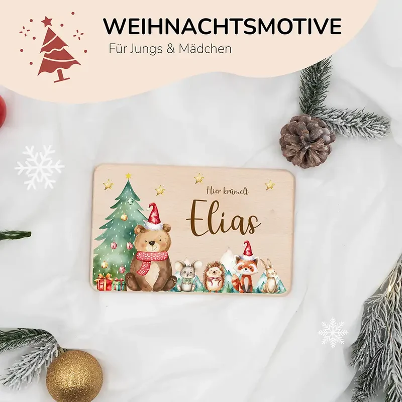 Frühstücksbrettchen Weihnachten Bär und Weihnachtsbaum - Geschenk Weihnachten