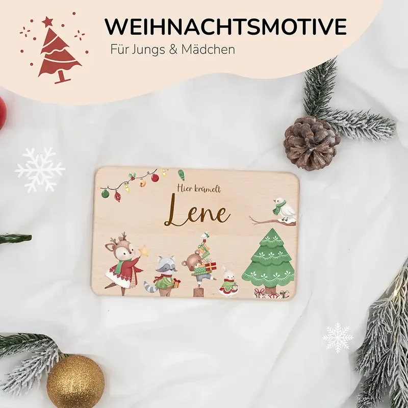 Frühstücksbrettchen Weihnachten Tiere und Weihnachtsbaum - Geschenk Weihnachten