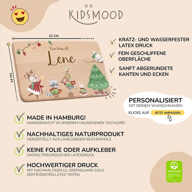 Frühstücksbrettchen Weihnachten Tiere und Weihnachtsbaum - Geschenk Weihnachten