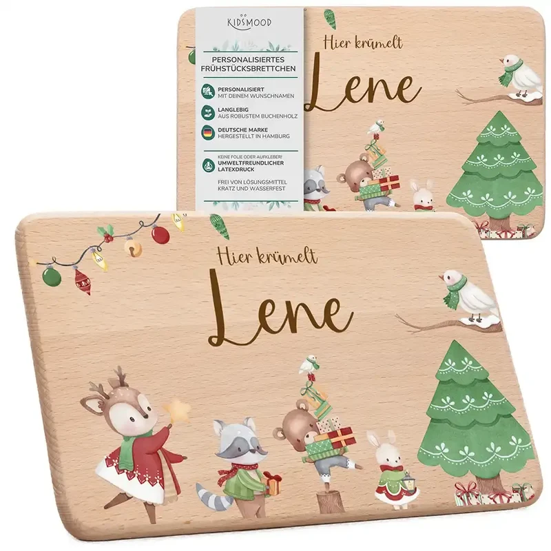 Frühstücksbrettchen Weihnachten Tiere und Weihnachtsbaum - Geschenk Weihnachten