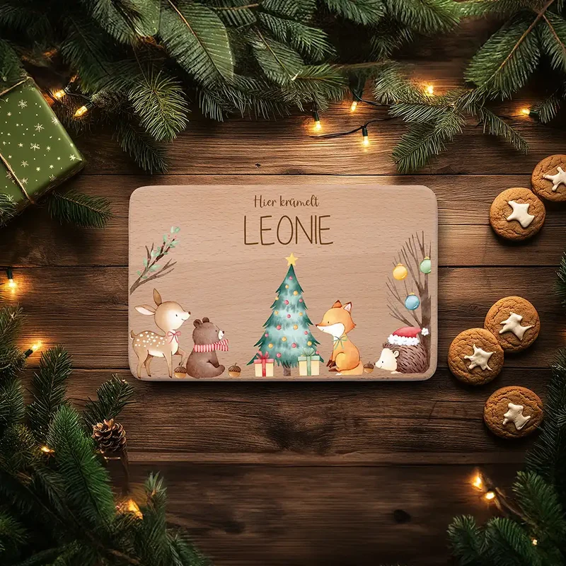Frühstücksbrettchen Weihnachten Waldtiere um den Weihnachtsbaum - Geschenk Weihnachten