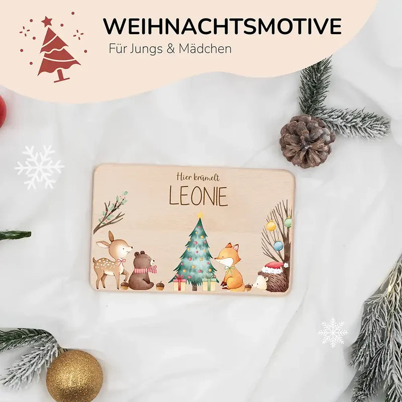 Frühstücksbrettchen Weihnachten Waldtiere um den Weihnachtsbaum - Geschenk Weihnachten
