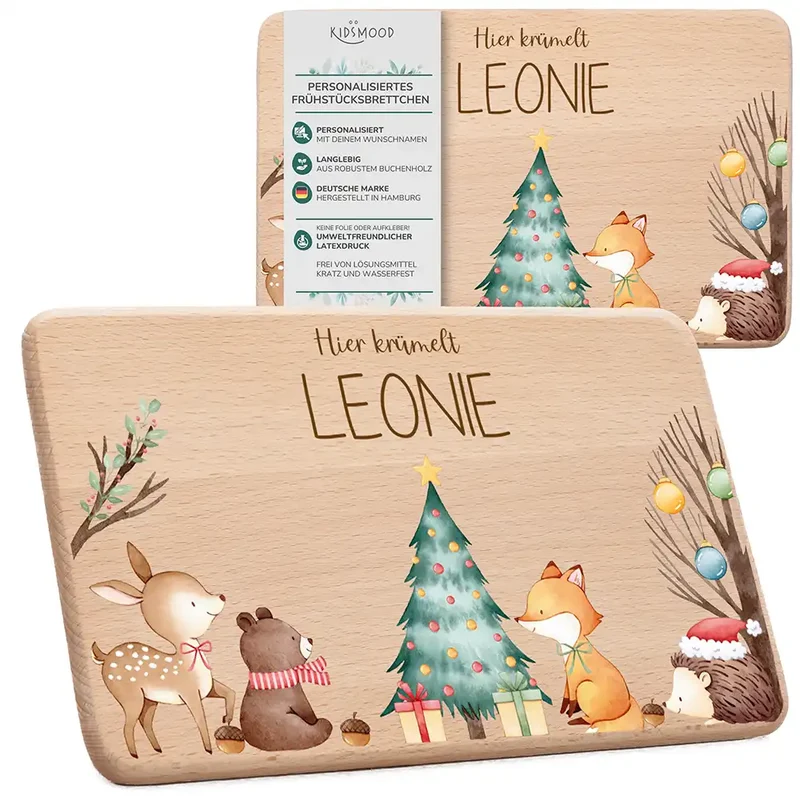Frühstücksbrettchen Weihnachten Waldtiere um den Weihnachtsbaum - Geschenk Weihnachten
