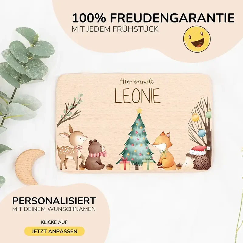 Frühstücksbrettchen Weihnachten Waldtiere um den Weihnachtsbaum - Geschenk Weihnachten