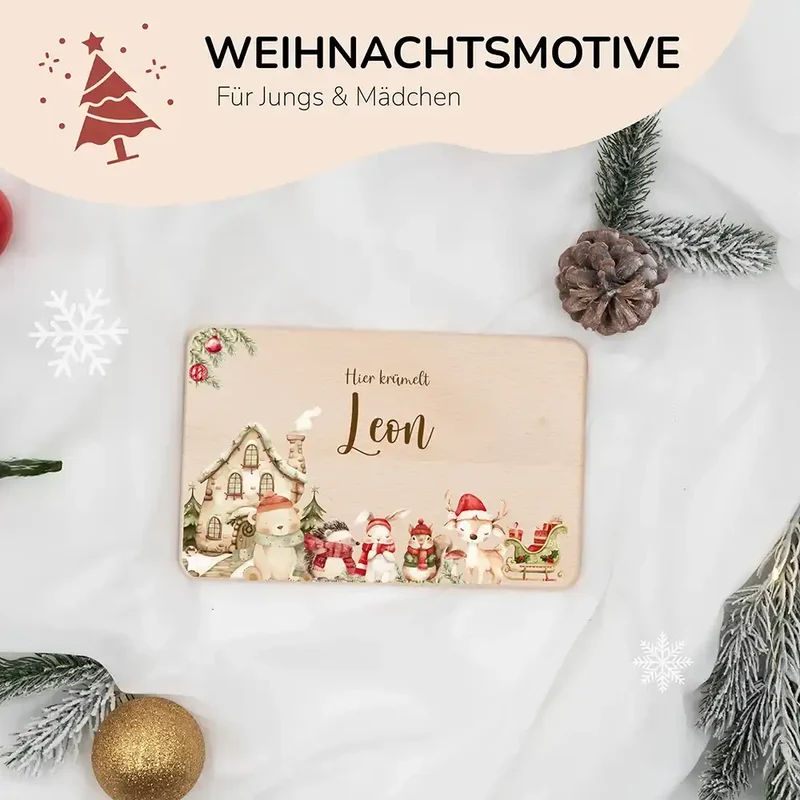 Frühstücksbrettchen Weihnachten Winterdorf mit Tieren - Geschenk Weihnachten