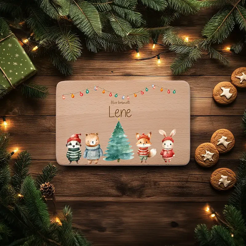 Frühstücksbrettchen Weihnachten mit Tieren und Lichterkette - Geschenk Weihnachten