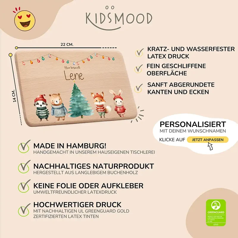 Frühstücksbrettchen Weihnachten mit Tieren und Lichterkette - Geschenk Weihnachten