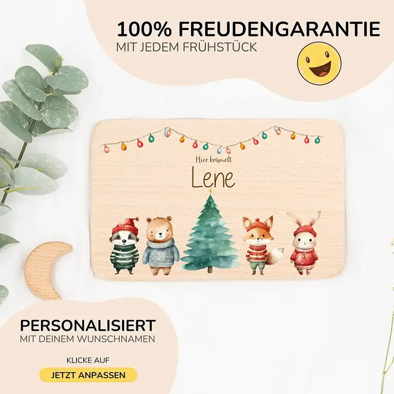 Frühstücksbrettchen Weihnachten mit Tieren und Lichterkette - Geschenk Weihnachten