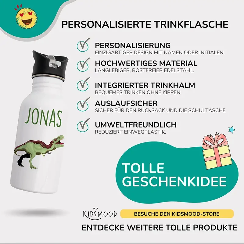 Trinkflasche Kinder Edelstahl - Dino Abenteuer - Personalisierbar mit Namen