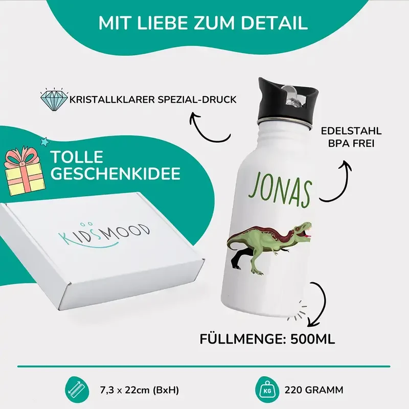 Trinkflasche Kinder Edelstahl - Dino Abenteuer - Personalisierbar mit Namen