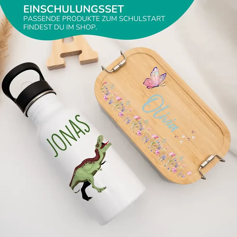 Trinkflasche Kinder Edelstahl - Dino Abenteuer - Personalisierbar mit Namen
