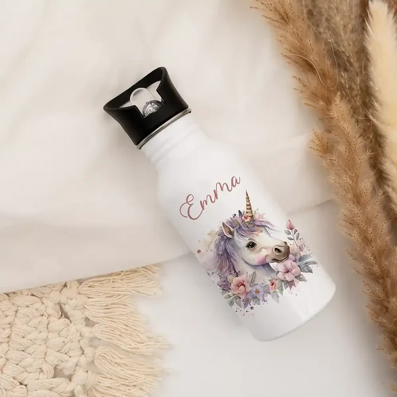 Trinkflasche Kinder Edelstahl - Einhorn mit Blüten