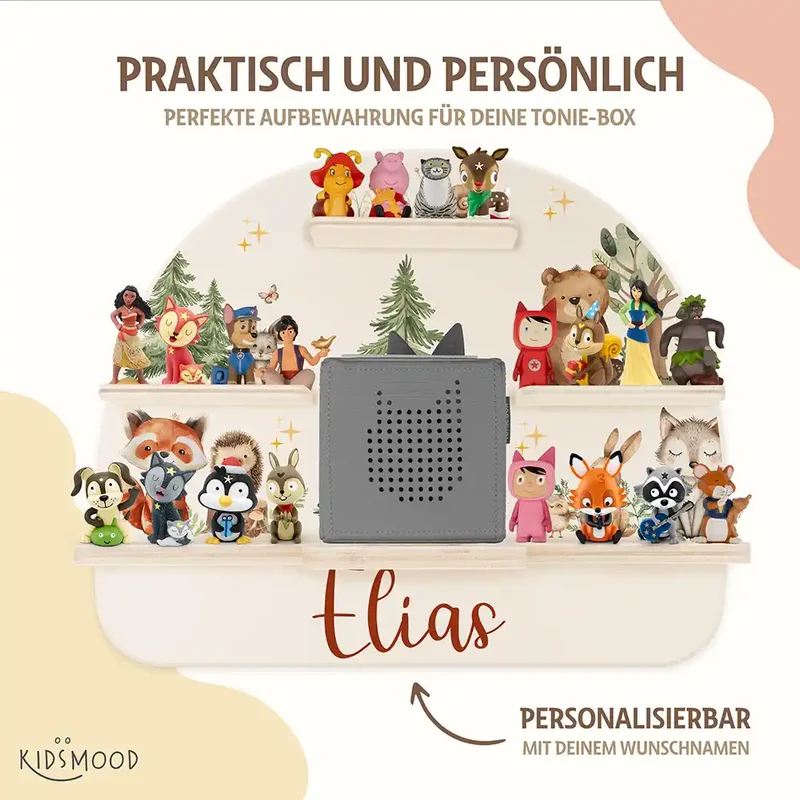 Tonie Regal aus Holz, Toniebox Regal personalisiert fröhliche Waldtiere