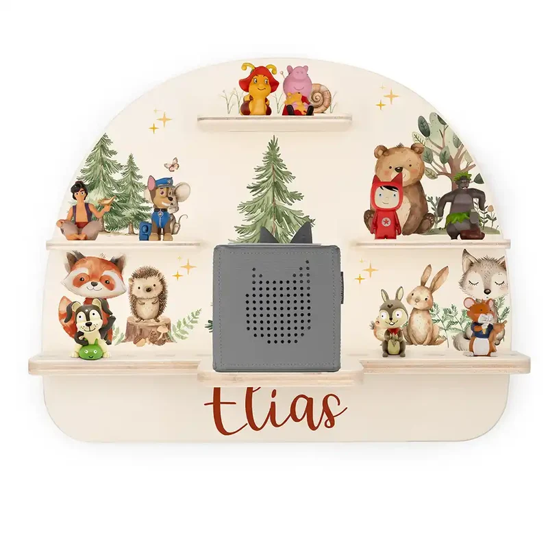 Tonie Regal aus Holz, Toniebox Regal personalisiert fröhliche Waldtiere