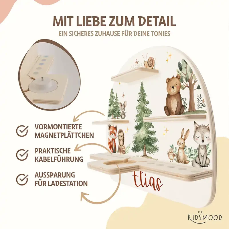 Tonie Regal aus Holz, Toniebox Regal personalisiert fröhliche Waldtiere