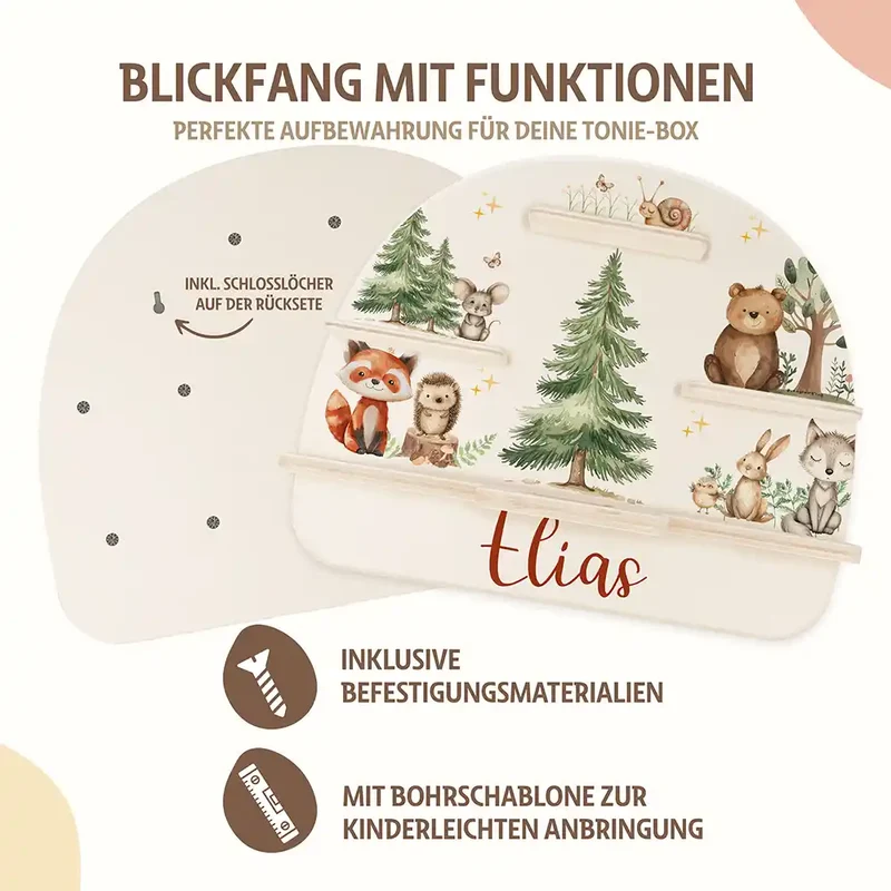 Tonie Regal aus Holz, Toniebox Regal personalisiert fröhliche Waldtiere