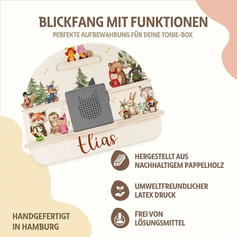Tonie Regal aus Holz, Toniebox Regal personalisiert fröhliche Waldtiere