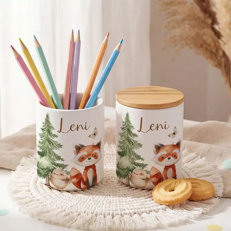 Personalisierte Keksdose Roter Panda & Eule – Keramik & Bambus mit Wunschname