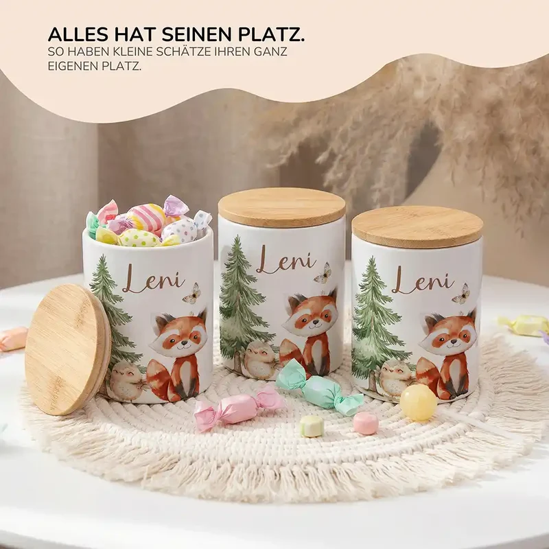 Personalisierte Keksdose Roter Panda & Eule – Keramik & Bambus mit Wunschname