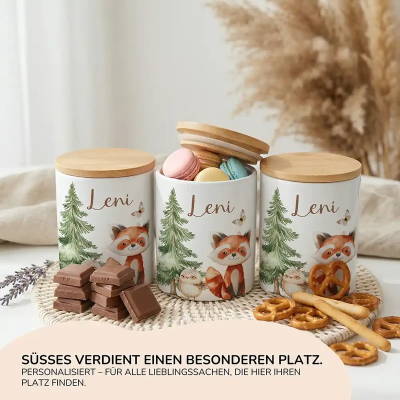 Personalisierte Keksdose Roter Panda & Eule – Keramik & Bambus mit Wunschname