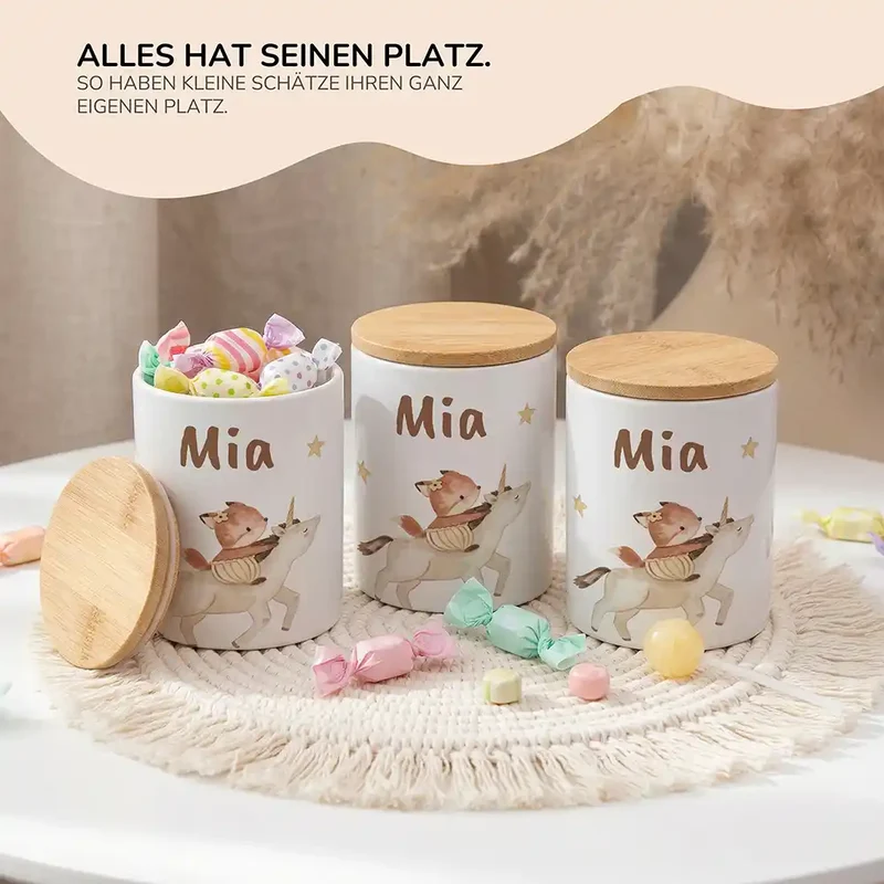 Personalisierte Keksdose Fuchs & Einhorn – Keramik & Bambus mit Wunschname