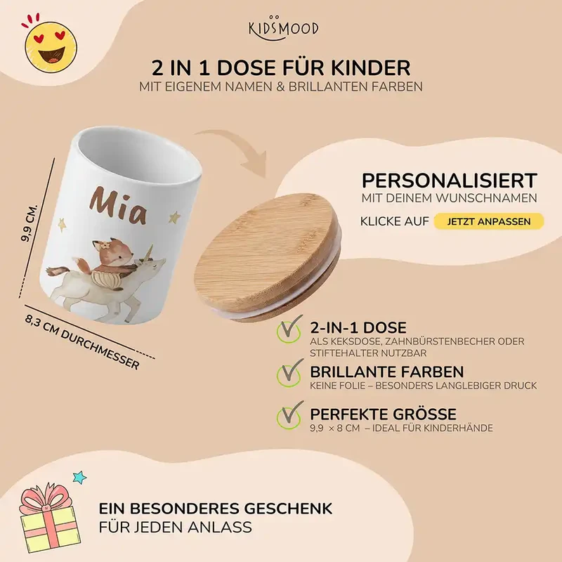 Personalisierte Keksdose Fuchs & Einhorn – Keramik & Bambus mit Wunschname