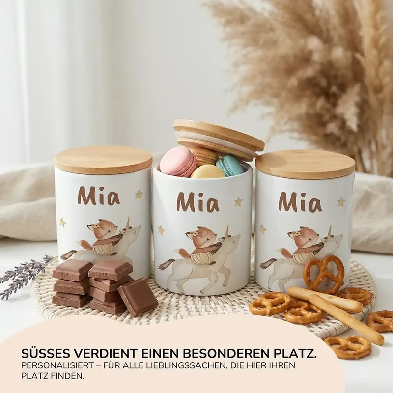 Personalisierte Keksdose Fuchs & Einhorn – Keramik & Bambus mit Wunschname