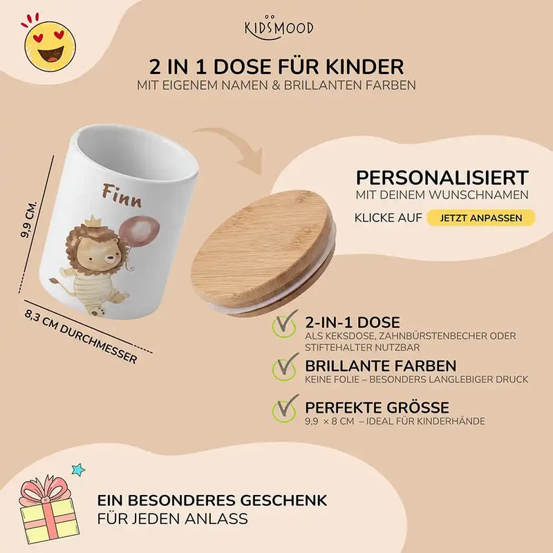 Personalisierte Keksdose Löwe Geburtstag – Keramik & Bambus mit Wunschname