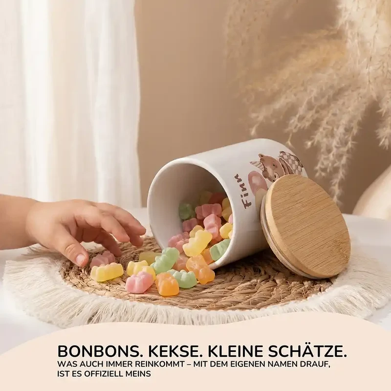 Personalisierte Keksdose Bär Geburtstag – Keramik & Bambus mit Wunschname