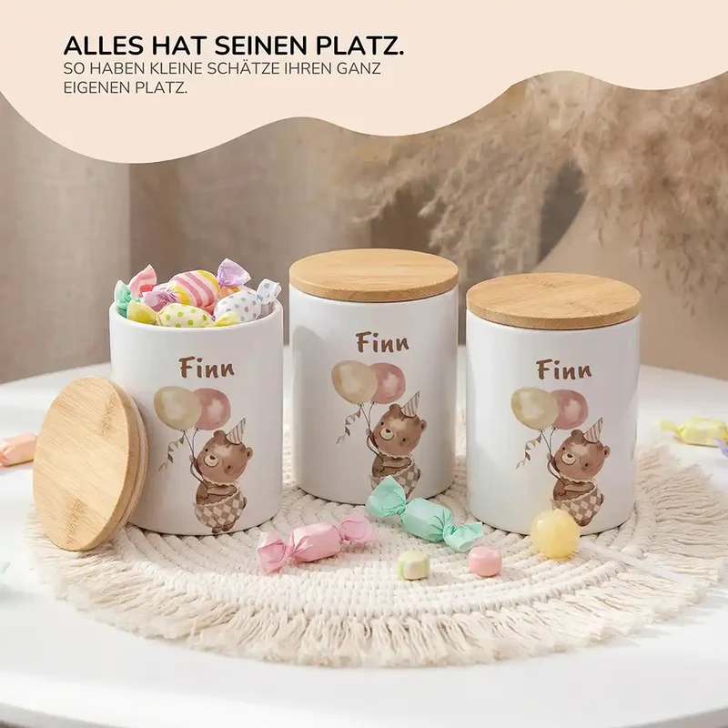 Personalisierte Keksdose Bär Geburtstag – Keramik & Bambus mit Wunschname