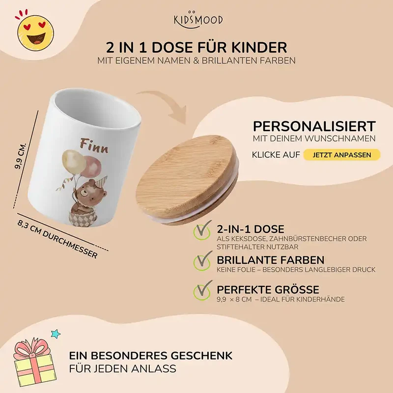 Personalisierte Keksdose Bär Geburtstag – Keramik & Bambus mit Wunschname