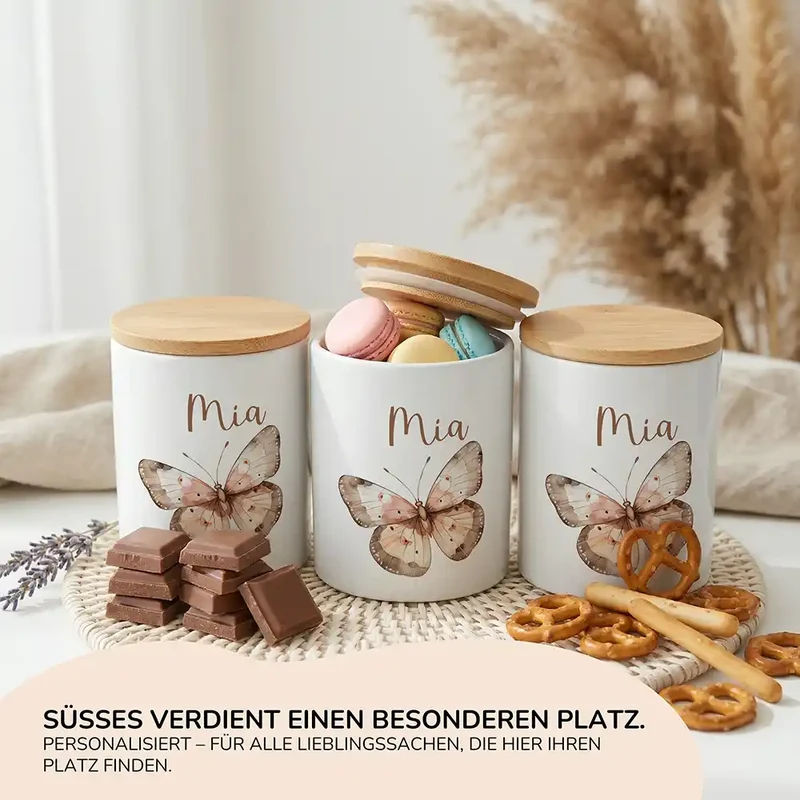 Personalisierte Keksdose Schmetterling – Keramik & Bambus mit Wunschname