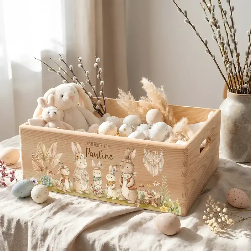Osterkiste Holz personalisiert - glückliche Hasen