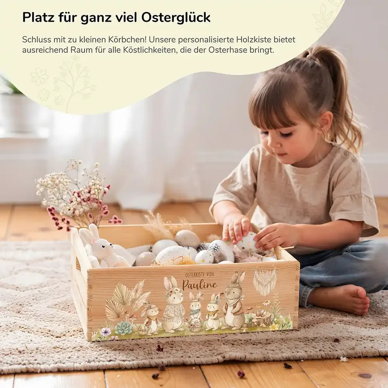 Osterkiste Holz personalisiert - glückliche Hasen