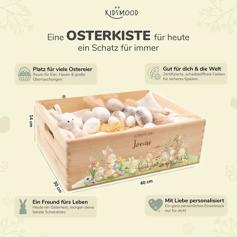 Osterkiste Holz personalisiert - Hasenfamilie im Wald