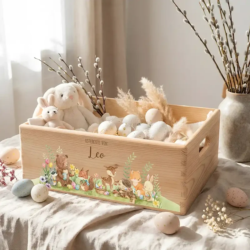 Osterkiste Holz personalisiert - Glückliche Tiere