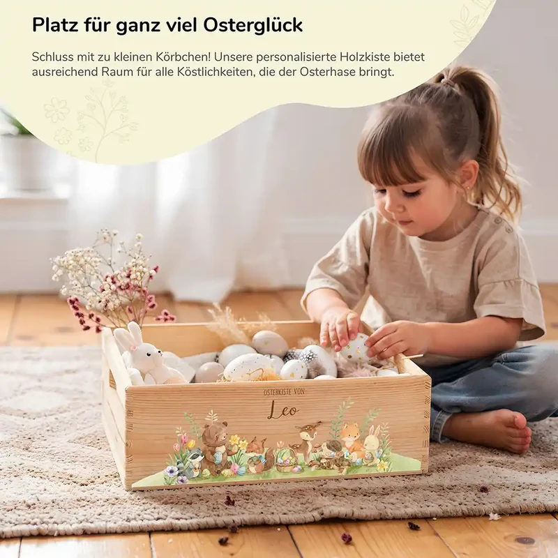 Osterkiste Holz personalisiert - Glückliche Tiere