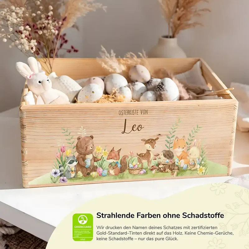 Osterkiste Holz personalisiert - Glückliche Tiere