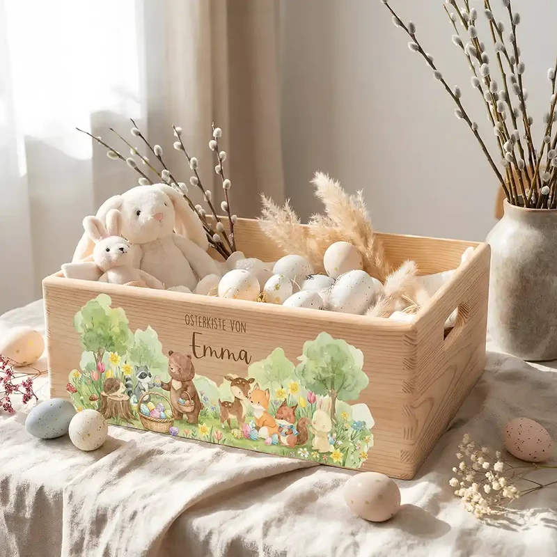 Osterkiste Holz personalisiert - Tierfamilie im Wald
