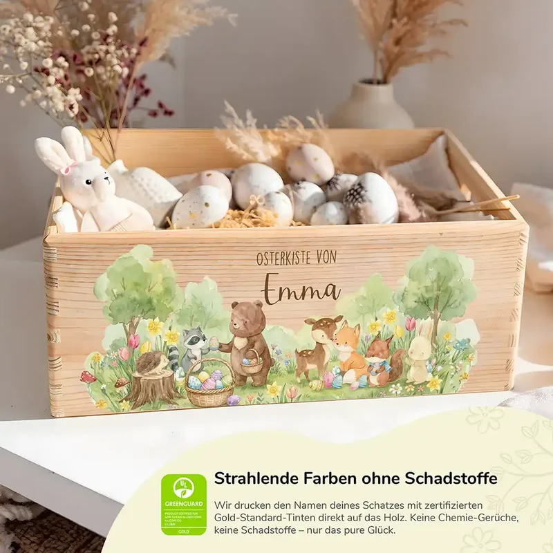 Osterkiste Holz personalisiert - Tierfamilie im Wald