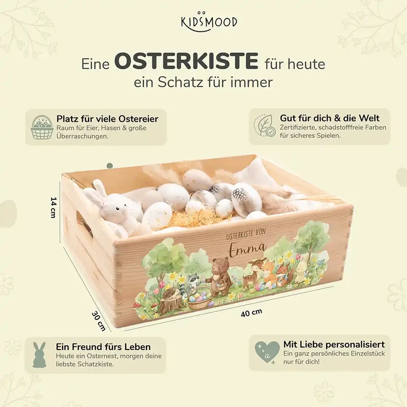 Osterkiste Holz personalisiert - Tierfamilie im Wald