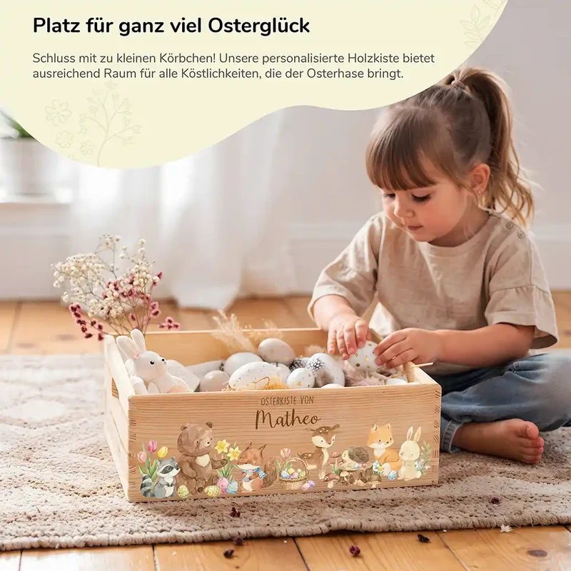 Osterkiste Holz personalisiert - Niedliche Waldtiere