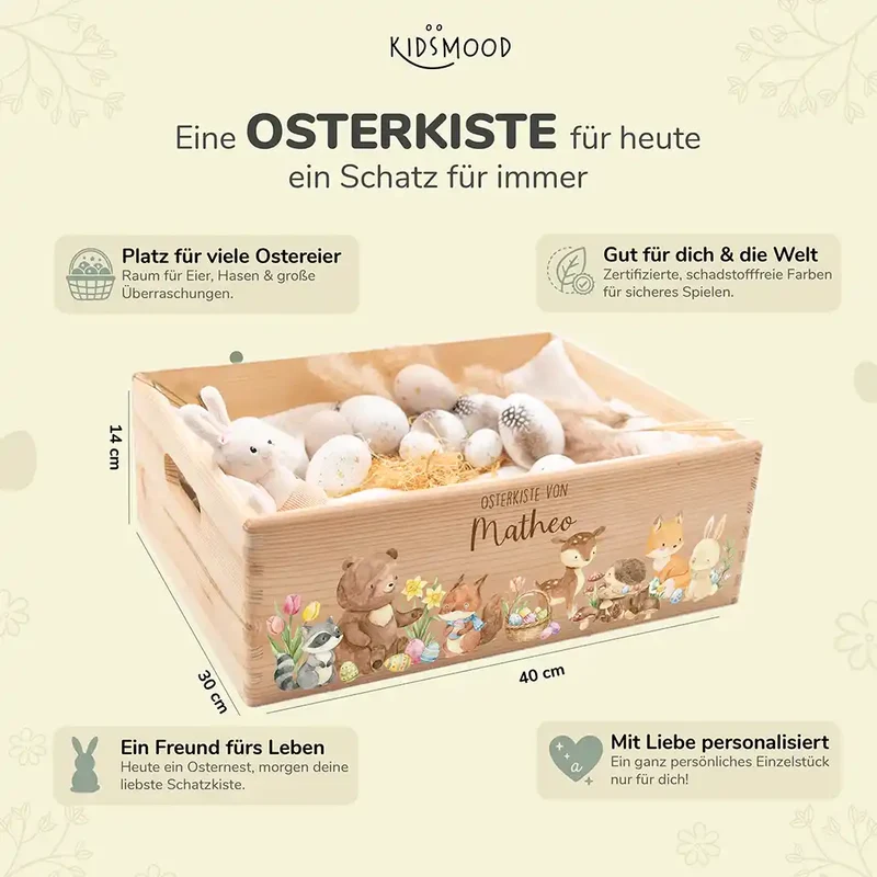 Osterkiste Holz personalisiert - Niedliche Waldtiere