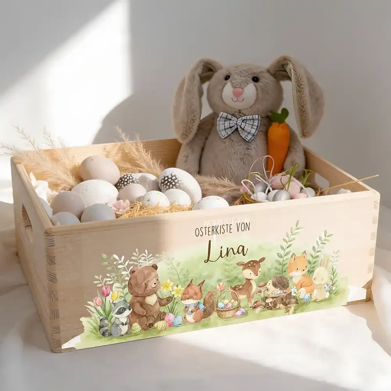 Osterkiste Holz personalisiert - Waldfamilie
